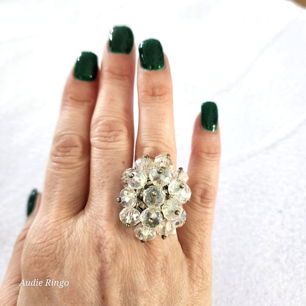 Vintage-Inspired Crystal Cluster Cocktail Ring Adjustable Silver Tone